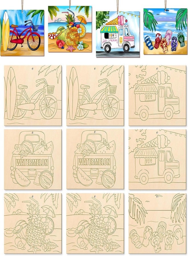 Cliths 9 Pcs Summer Wooden Ornaments Unfinished Wood Crafts to Paint for Kids Adults Beach Theme DIY Paintable Wood Slices with Ropes 15x12CM - Image 1
